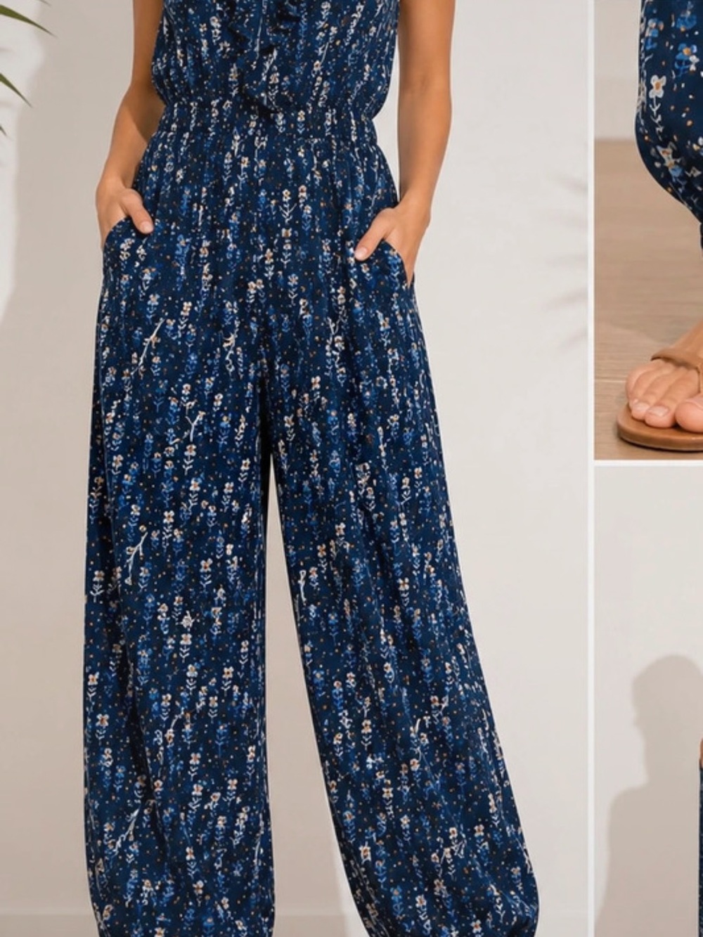 Navy Floral Wide-Leg Jumpsuit with Pockets